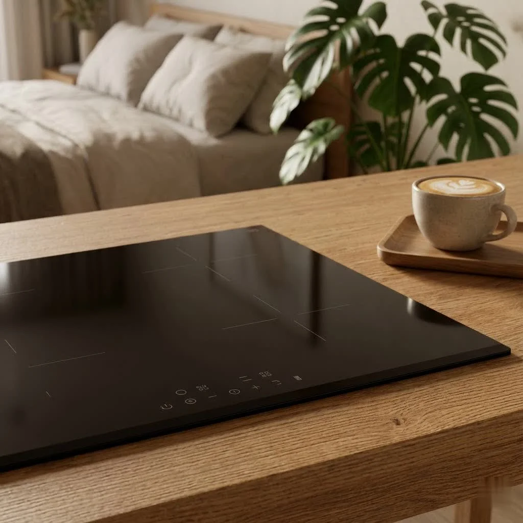 Induction hob with a pot on its sleek glass-ceramic surface