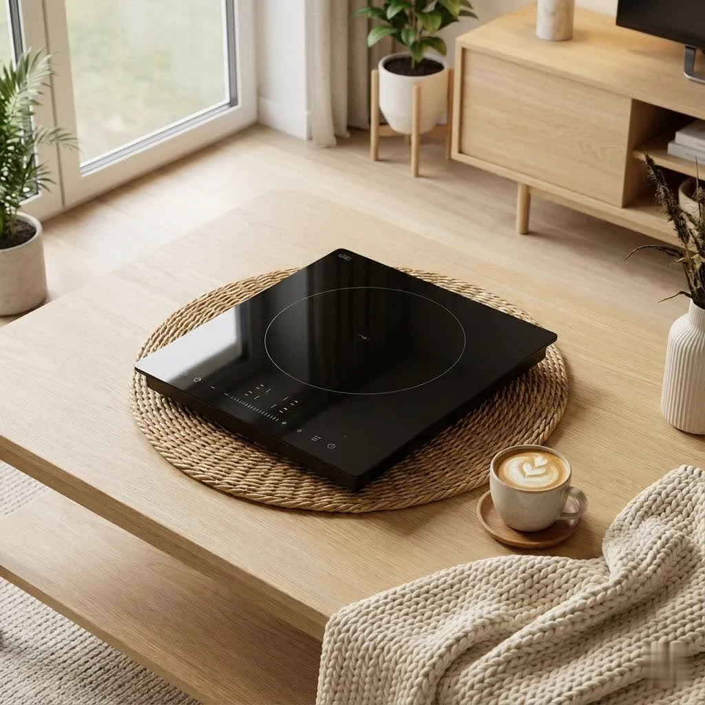 Portable induction hob heating a pan with food